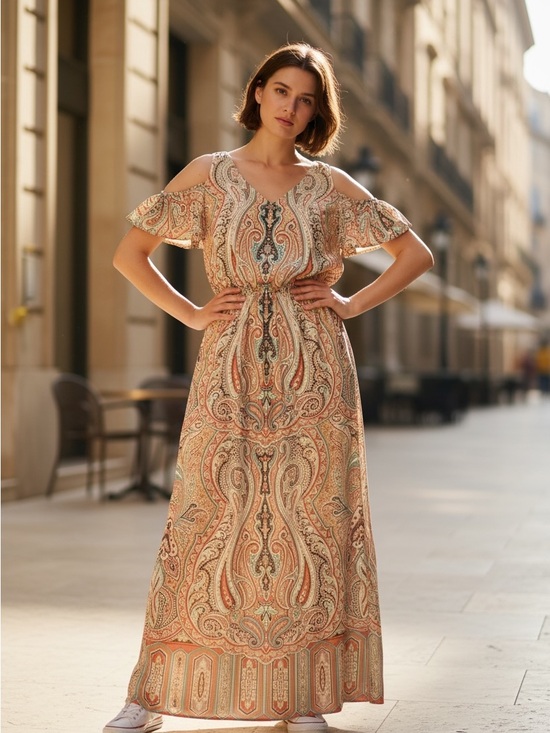 Chico's Dresses & Skirts - Chico's Peach Paisley Cold-Shoulder Midi Dress